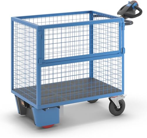 EUROKRAFT pro | Carrello a cassone con azionamento elettrico | pareti in reticolare d'acciaio | senza coperchio | lungh x largh x alt 1420 x 720 x 1200 mm