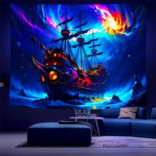 Arsey Blau Geist Piratenschiff Schwarzlicht Wandteppich UV Reaktiv Meer Landschaft Wandtuch Hippie Segelboot Wandteppiche Wanddeko Schlafzimmer Wohnzimmer Partydekoration, große Größe 230x180cm