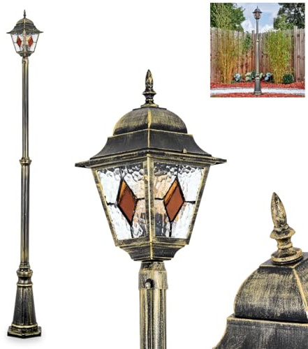 HOFSTEIN Kandelaber Chatelain, Außenwegeleuchte aus Metall/Glas in Schwarz/Gold/Klar/Bernstein, verstellbare Wegeleuchte im Vintage/Antik/Landhaus-Design für Garten, Außenbereich, 225 cm, E27, IP44