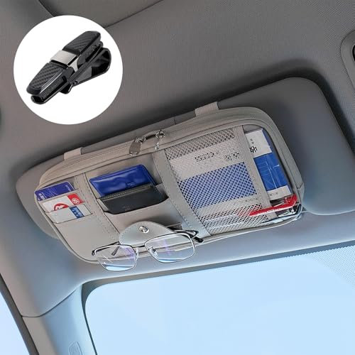 Auto Sonnenblende Organizer,Mit Brillengestell,Auto Accessoires Innenraum Sonnenblende Organizer,Car Essentials,Multifunktions Aufbewahrungstasche für Karten, Schlüssel,Auto-Innenzubehör(Grau)