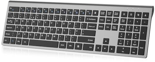 PINKCAT 2.4G Wireless Keyboard, Rechargeable Ultra Slim Ergonomic, Full Size, QWERTY UK Layout Silent Keyboard, 12 Multimedia Shortcut Keys for PC/Desktop/Laptop/Mac in Windows/macOS (Gray)