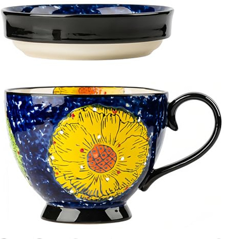 Dowbom Suppentasse mit Deckel, 500 ml Mikrowellen-Suppenschüssel, Keramik-Suppentasse, Frühstücksschale, Bouillon-Tasse (Blume-D, 500 ml)