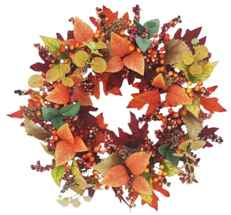 Autumn Wreath For Front Door - 35/40/45cm Fall Harvest Wreath With Berries And Maple Leaves | Halloween Thanksgiving Wreath | For Autumn Halloween Thanksgiving Wall Decoration Table Party