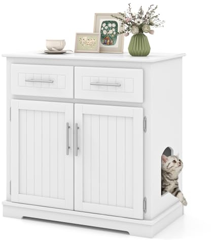 COSTWAY Meuble Litiere Chat en Bois, Maison pour Chat 3 en 1, 2 Portes et 2 Tiroirs, Kits Anti-basculement, Base Épaissie 7,5 cm, Maison de Toilette Chat, Entrée Latérale, 80 × 45 × 80 cm, Blanc