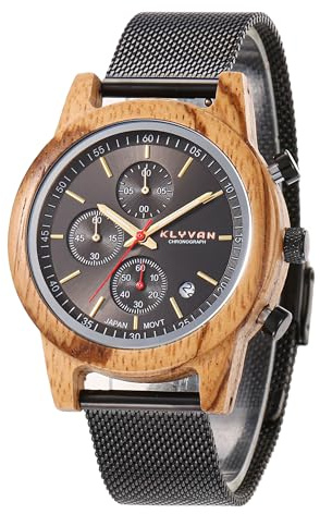 KLYVAN-Montre élégante chronographe à Quartz Japonais pour Hommes, cadrant en Bois Naturel avec Bracelet en Maille Noir Inoxydable.