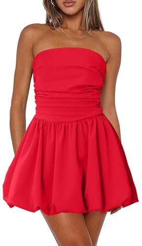 MTGGD Women's Strapless Bubble Mini Dress Tube Top Ruched Bow Tie Back Party Cocktail Dresses Light Red Large