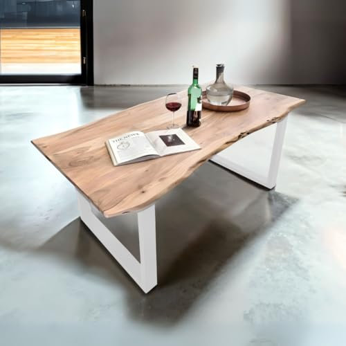 Bett11 Esstisch 240x100 cm naturfarben, Akazienholz massiv 26mm, U-Gestell weiß, Baumkantentisch aus Holz, Casa Massiva