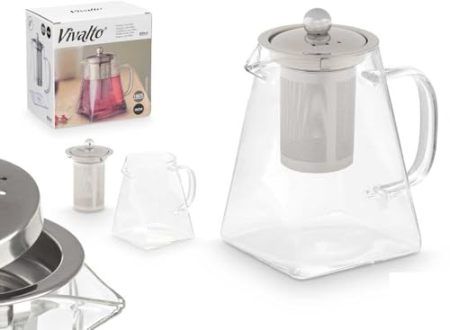 Grande théière en verre - Pour préparer du thé aux feuilles, herbes, fruits, infusions chaudes ou froides | Étui filtre en acier inoxydable - Verre résistant à la chaleur (S - 0,8 l)