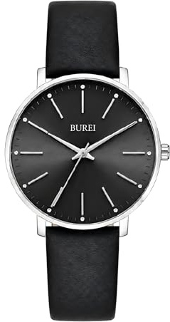BUREI damklockor mode minimalistiskt analog läder kvarts vattentäta klockor för kvinnor, svart silver