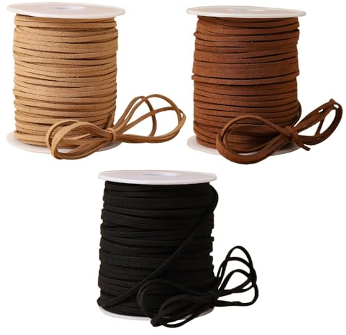 3 Pezzi Cordoncino in Pelle Scamosciata, 42 m x 2,6 mm Corda Cordino per Confezioni Regalo, Cordoncini per Collane, Bracciali, Orecchini, Perline Fai Da Te, Corda di Cuoio