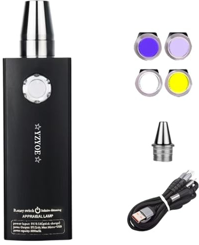 YZYOE led recargable cuatro fuente de luz Jade reconocimiento linterna, piedra preciosa y detector de minerales, Blanco, luz amarilla, luces ultravioletas 365nm y lámpara negra 395.