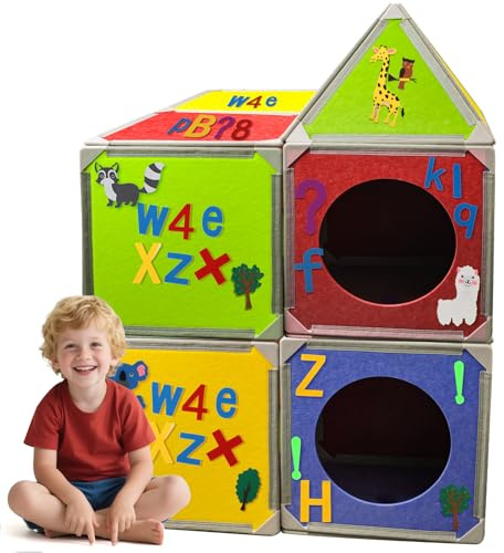 Magnetische Festungsbauplatten – 16 verbesserte Filzplatten mit Alphabet, Zahlen und Tieraufklebern, magnetisches Spielhaus-Bauspielzeug-Set für kreatives Festungsbau