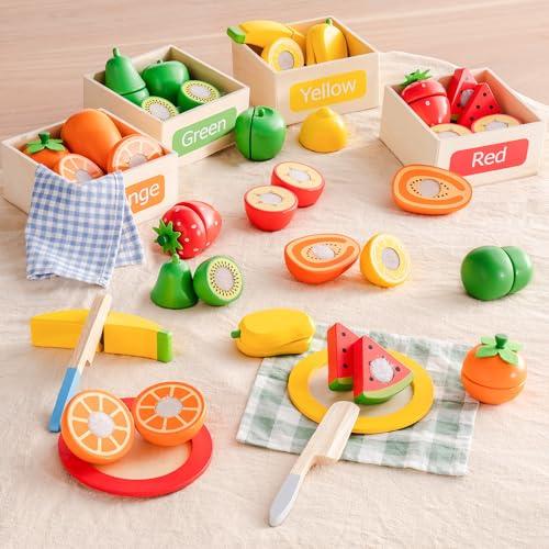 ROBUD Jeu d'Aliments en Bois pour Enfants, 22 Pièces de Fruits à Découper avec Assiettes en Bois, Accessoires de Cuisine pour Jeu d’Imitation, Jouet Éducatif pour Filles et Garçons