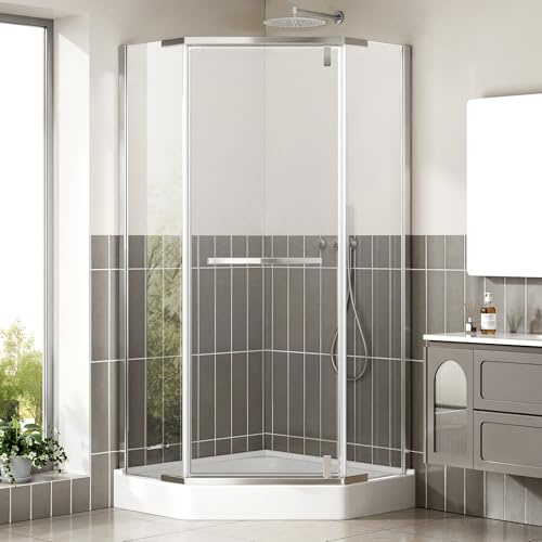 Neo-Angle Corner Shower Doors 36 D × 36 W × 72 H, Frameless Pivot Shower Door, 1/4 (6 mm) SGCC Tempered Glass with Safety Film & Nano Coating Chrome (Shower Base Not Included)