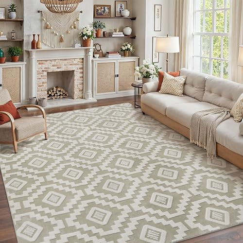 PureCozy Tappeto Salotto 200x300cm Beige Bianco Antiscivolo Lavabile Grande Camera da Letto Tappeti 3D Geometrico Moderno Carpet Sala Soggiorno Cameretta Bambino Pelo Corto Rug