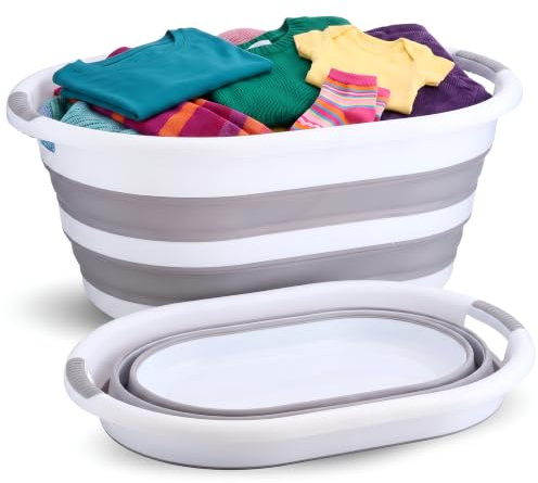 BARGAIN FACTORY 40L Collapsible Plastic Laundry Basket, White & Grey, Foldable Pop Up Storage Container, Space Saving and Portable Organiser/Hamper