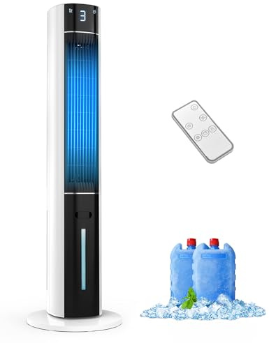 EXNOS Evaporative Air Cooler - 3-In-1 Swamp Cooler Blow Cold Air, 3 Modes & 3 Speeds, Remote Control, 12H Timer, 75° Oscillating Portable Bladeless Cooling Tower Fan,Home Bedroom