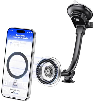APPS2Car Magnetic Car Phone Holder for MagSafe, Long Arm Suction Cup Windscreen & Dashboard Mount, Super Strong Magnet, One-Hand Adjustable, iPhone 17/16/15/14/13/12 + Metal Ring for Android