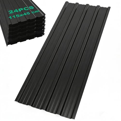 SROCHN 24PCS Trapezblech Dachplatten 115x45CM, Schwarz Verzinkter Stahl 0,25mm Profilblech für Dächer Geräteschuppen Carports Wandverkleidungen