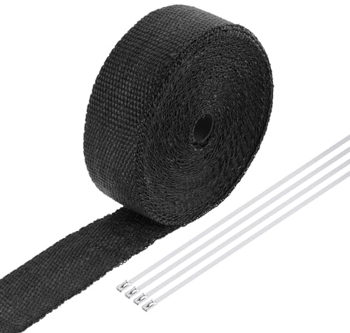 QUARKZMAN Hitzeschutzband 15 Meter x 5cm Auspuff Dichtband Auspuffband Fibreglass mit 4 Edelstahl Kabelbinder, für Auspuffkrümmer von Motorrädern und Autos, Schwarz