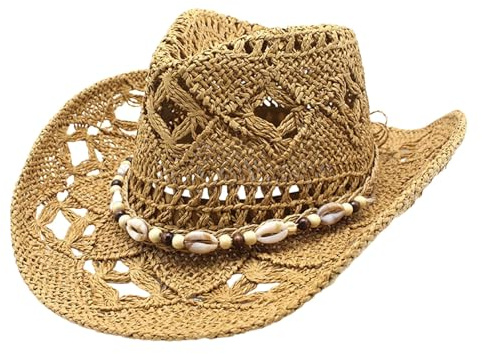 Chapeau de Cowboy Paille Femmes Hommes Western d'Été Modelable Chapeau de Soleil Évidé Capeline Plage Plein Air Panama Respirant Unisexe Léger Bohême pour Vacances Plage Extérieur Pêche Outdoor