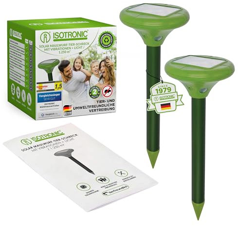 ISOTRONIC Solar LED Maulwurfabwehr Vibrasonic mit Vibrationsmotor | 2er Set solarbetrieben | Wühlmausfrei Wühlmausschreck Wühlmausvertreiber Maulwurfschreck Schlangenabwehr - Testsieger