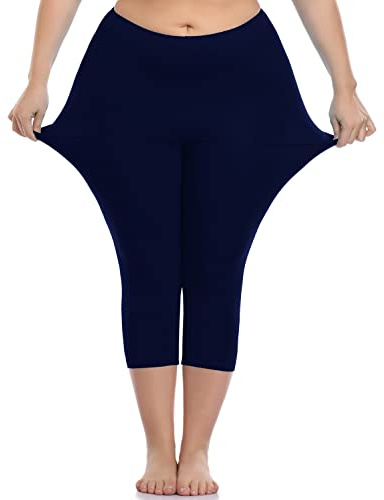 VOGUEMAX Women's Capri Leggings Plus Size Stretch and Comfy High Waisted Three-Quarter Leggings Plus Navy Blue