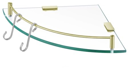KES Duschablage Ecke Eckregal Duschregal Glasregal Duschablage Glas Hartglas Wandregal Badregal Dusche mit Regalträger Wandmontage Gebürstet Gold, BGS2101A-BZ | mit 18/8 Edelstahl Haken, 7MM Hartglas, Für Dusche und Badezimmer, Gebürstet Gold, BGS2101A-BZ