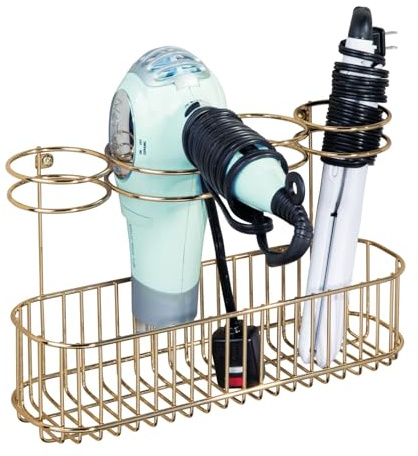 mDesign Hair Dryer Caddy – Wall Mounted Storage Rack with 4 Compartments – Hair Tool Organiser for Dryers, Curling Wands, Straighteners – Brass