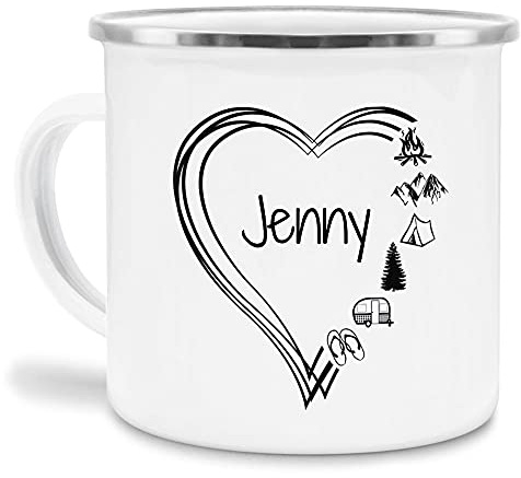 Tassendruck Emaille Tasse Camping PERSONALISIERT mit WUNSCHNAME - Geschenk Campingurlaub/Persönliche Campingtasse mit Herz - Emaille groß silber Rand