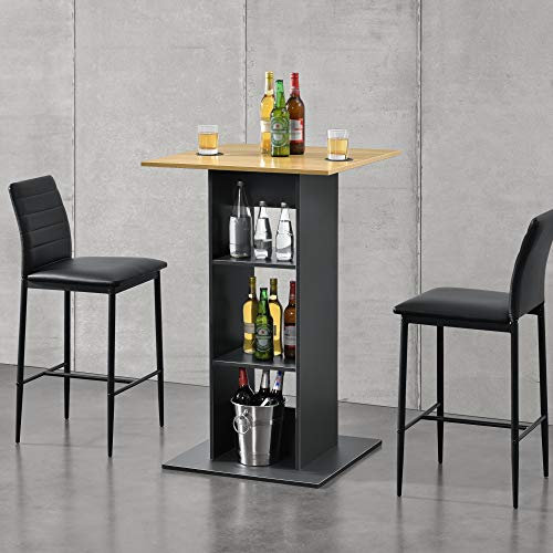 [en.casa] Bartisch 'Visby' Quadratisch 110x70x70cm Bistrotisch mit 3 Regalfächern Stehtisch Bartheke Tresentisch Dunkelgrau/Holzfarben