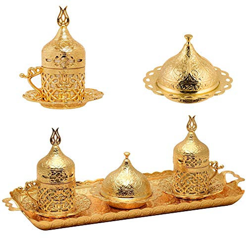 Alisveristime Turkish Coffee Set for Two - Authentic Ottoman Style Cups, Saucers, and Serving Tray with Lale Motifs (Acur) (Gold)