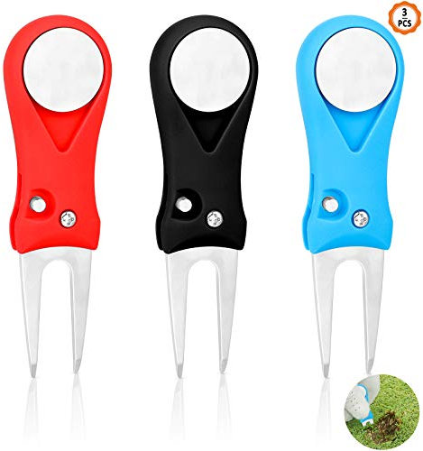 Yangfei 3 Pieces Golf Divot Repair Tool, Stainless Steel Golf Pitch Fork with Magnetic Ball Maker Golf Foldable Divot Tool with Pop-up Button for Golfer (3 Colors)