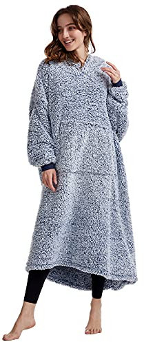 Oversized Teddy Fleece Hoodie Blanket for Women Cuddly Sherpa Wearable Snuggle Blanket Hoody for Adults Kids Men Teenager, Super Warm and Soft,Blue Length