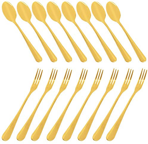 Set of 16 Gold Demitasse Espresso Spoon (4 inch) and Stainless Steel Forks (4.8 inch), DaKuan Gold Mini Coffee Spoons & Cake Forks for Dessert, Tea, Appetizer