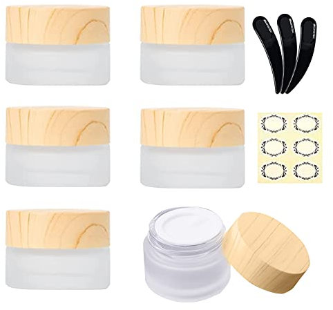 Yalbdopo 6Pcs 5ml/5g Empty Frosted Clear Glass Cosmetic Sample Containers with Wood Grain Plastic Lids and Inner Liners - Refillable Mini Travel Pot Jars for Makeup Creams Lip Balm Beauty Nails