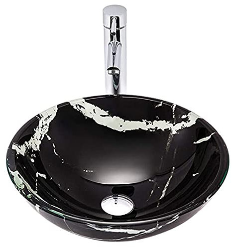 XYEJL Modern and Simple Tempered Glass Wash Basin, Bathroom Tempered Glass Vanity Round Bowl, Artistic Vessel Sink, with Waterfall and Pop Up Drain Combo,B