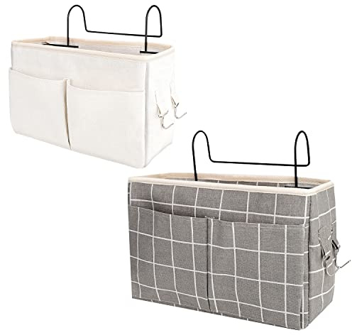 Organisateur de Chevet 2 PCS Sacs de Chevet Panier Suspendu Rangement Sac de Rangement Suspendu Étanche avec 3 Poches Rideau Lit Mezzanine (Blanche + Grise Grille)