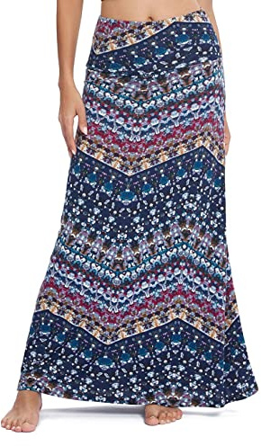 EXCHIC Donna Comodo Elastico Vita Alta Maxi Gonna Boho Flared A-Linea Lungo Yoga Gonne (M, 16)