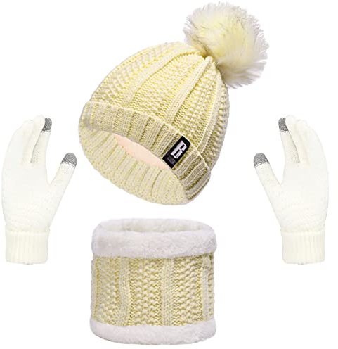 Alviller Women Knitted Hat Scarf Gloves Set, 3Pcs Winter Cold Weather Set with Knit Beanie Cap Touch Screen Gloves Circle Neck Scarf for Adults Sports Outdoor