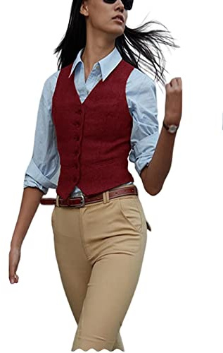 Gilet da donna a spina di pesce in tweed, vestibilità aderente, scollo a V, elegante, per abiti formali, Borgogna, M