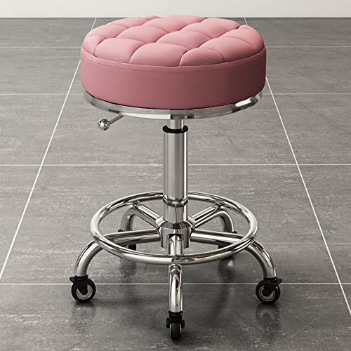 FEHUN Pu Leder Runder Rollhock Mit Fußrückschwenfhöhenhöhe Einstellung Spa Zeichnung Salon Tattoo Arbeitsmassagemassaghocker, Task Stuhl/Rosa