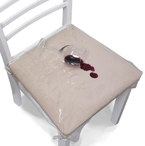 Uzitec Transparente Kunststoff-Kissenschoner für Esszimmerstühle, Set mit 4 Bezügen zum Schutz von Küchenstuhl-Sitzen, starkes PVC mit weißen Bändern, abnehmbar und wiederverwendbar