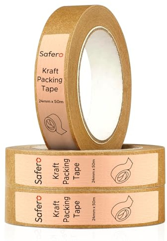 Safero Pack de 3 rubans d'emballage en papier kraft brun kraft 24 mm (L) 50 mètres (L) | Ruban adhésif en papier recyclable solide pour emballer des colis et des boîtes de déménagement | Ruban adhési