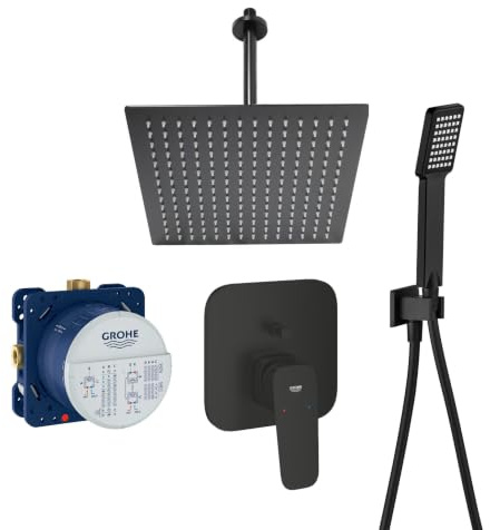 vanvilla Duschsystem Unterputz mit Duscharmatur Grohe schwarz GS02-XL | Duscharmatur von Grohe Cubeo Einhebelmischer und vanvilla Regendusche Duschkopf eckig, Dusch-SET schwarz matt