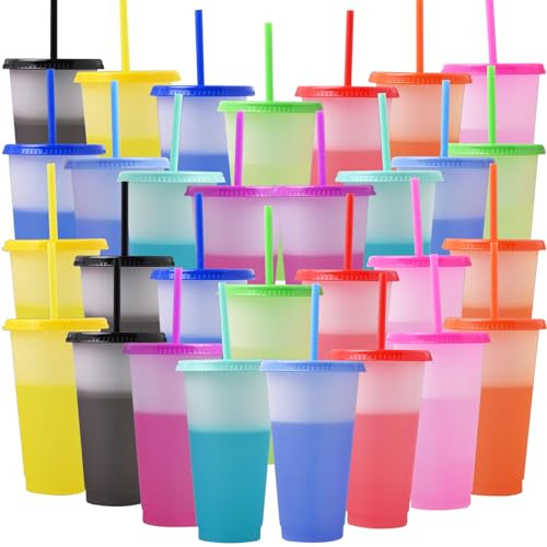 Malloom 30 Stück Farbwechsel Becher mit Deckel und Strohhalm, 700ml Plastikbecher Trinkbecher Becher, Wiederverwendbare Farbige Kunststoff Partybecher Travel Mug für Eiskaffee Milchshake Smoothie