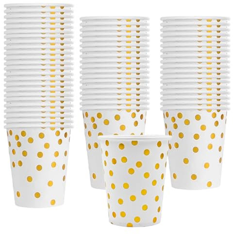 MEGYAD Lot de 100 gobelets en carton Gobelets en papier : 300 ml Gobelet en papier avec point doré pour café, jus, boissons chaudes et froides, bricolage, gobelets de fête pour anniversaire à la