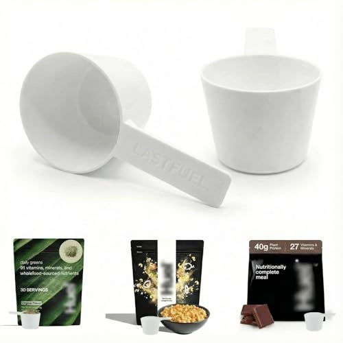 LastFuel. Cuchara hecha para comidas instantáneas Huel y proteínas, taza medidora, 94 cc, sin BPA, duradera, apta para lavavajillas, color blanco (paquete de 2)