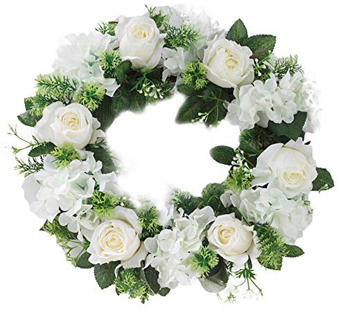 40 cm Künstlicher Weißer Rosenkranz, Haustürkranz mit Grünen Blättern, Dekorativer Hängekranz, Weißer Frühlings-Sommer-Bauernhaus-Blumenkranz für Hochzeitsfeier-Dekoration(Weiß)