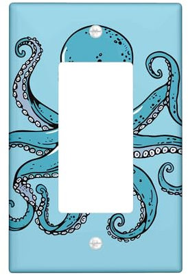 Octopus Light Switch Cover Plate, Aqua Blue Ocean Spring Summer Single Rocker Wall Plates, Nautical Wall s, Standard Size Thermoplastic Plate Cover Single Rocker